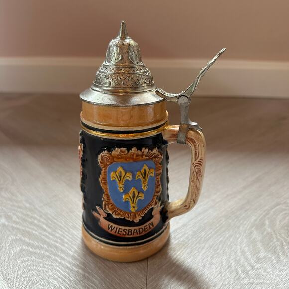 Vintage West Germany Ceramic 3 Cities Stein Heidelberg Frankfurt Mug Lid - Picture 2 of 12